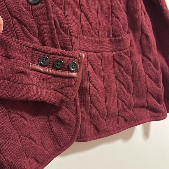 NWT Talbots burgundy cable knit sweater cardigan blazer faux leather trim button - Picture 4 of 4